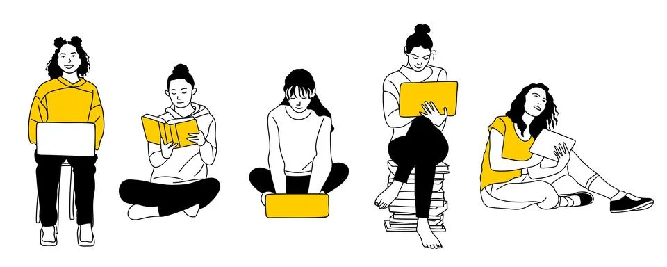 Linear vector illustration set of education girls. Stock Illustration