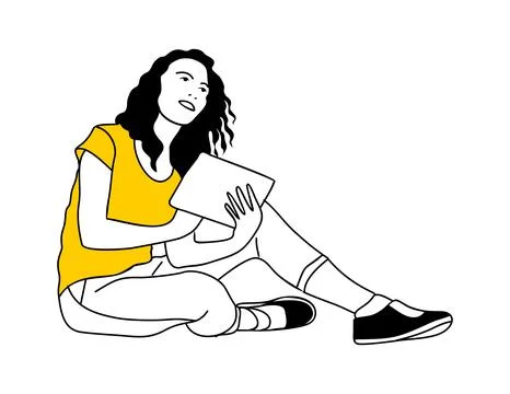 Linear vector illustration of young girl sitting. Stock Illustration