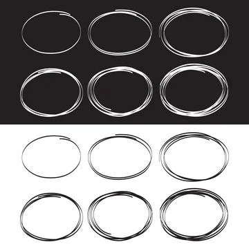 Linear vector image on a white and black background, a set of hand-drawn oval Stock Illustration