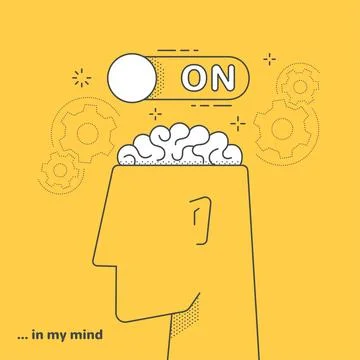 Linear vector image on a yellow background, the head of a man and the brain.. Stock Illustration