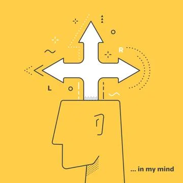 Linear vector image on a yellow background, a man's head and a schematic im.. Illustrazione stock