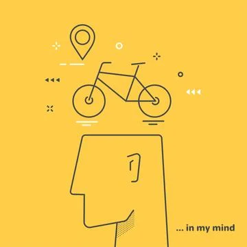 Linear vector image on a yellow background, the head of a man and a bicycle,  Stock Illustration