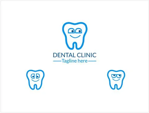 Linear vector logo for childrens dental clinic. Characters teeth in a linear Stock Illustration