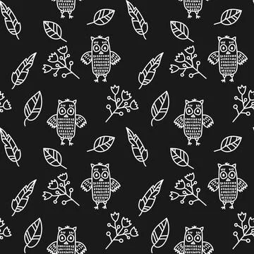 Linear vector seamless pattern with owl, flower, leaves. Endless nature backg Stock Illustration