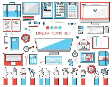 Linear workplace icons collection, flat style  objects set of a top view.  Sig Illustrazione stock