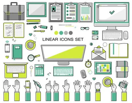 Linear workplace icons collection, flat style  objects set of a top view.  Si Illustrazione stock