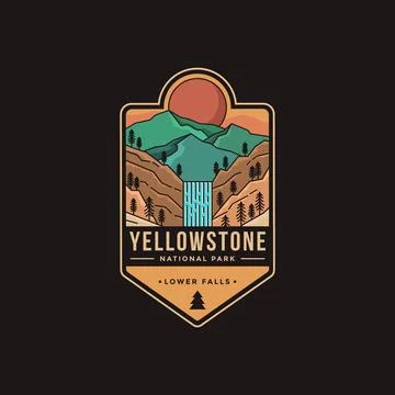 Lineart Emblem patch logo illustration of Lower falls Yellowstone National Park Stock Illustration