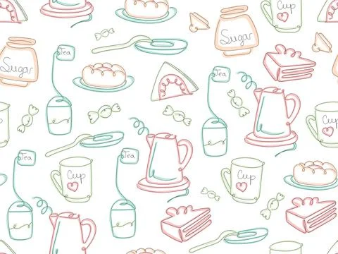 Lineart  seamless pattern for tea cup. Stock Illustration