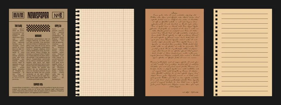 Lined and squared Sheets from Notebook. Old Newspapers and unreadable lette.. Illustrazione stock