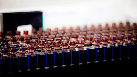 Lined up laboratory samples glass tubes in an analyzer robot system Stock Photos