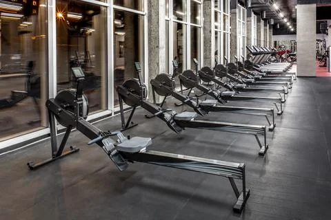 Lined modern rowing machines and treadmills by window in spacious, empty gym Stock Photos