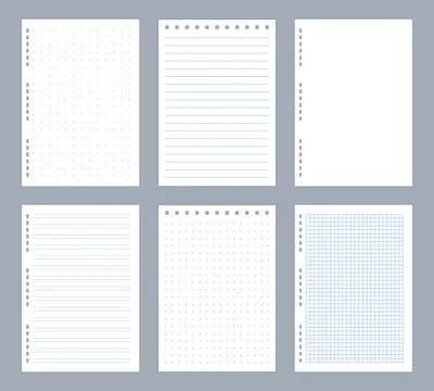 Lined note pages. Diary and notepad. Copybook checkered or dotted papers Illustrazione stock
