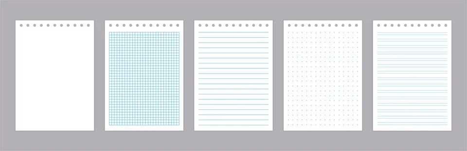 Lined note pages. Realistic notebook and diary page with lines, grids an dots Stock Illustration
