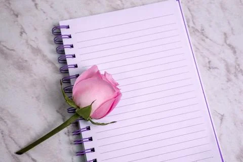 Lined notebook with flowers around it on marble table. Stock Photos