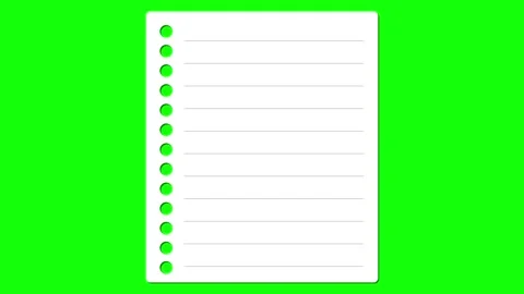 Lined notebook paper sheet isolated on green screen, 4K resolution animation Stock Footage 287739907