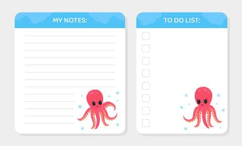 Lined Notes and To Do List with Cute Funny Pink Octopus with Tentacles Vector Stock Illustration
