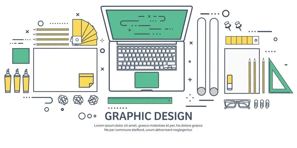 Lined, ouline flat graphic web design. Drawing and painting. Development Illustrazione stock
