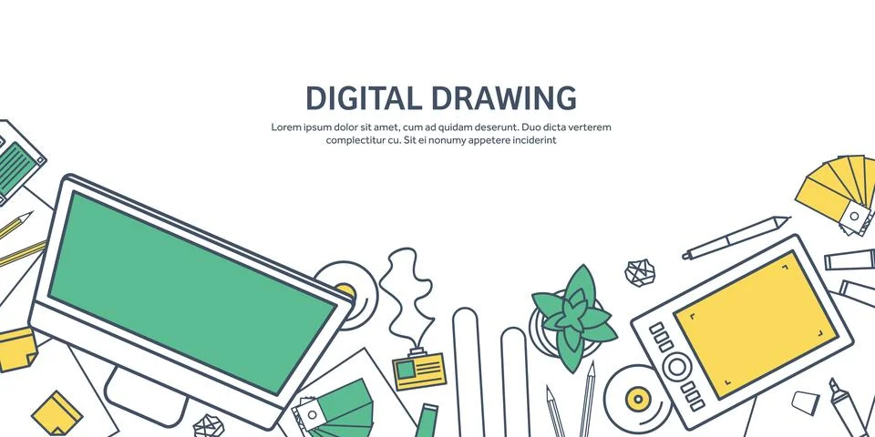 Lined, ouline flat graphic web design. Drawing and painting. Development Illustrazione stock