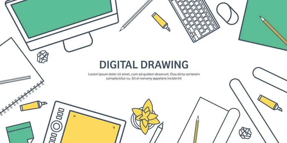 Lined, ouline flat graphic web design. Drawing and painting. Development 스톡 일러스트