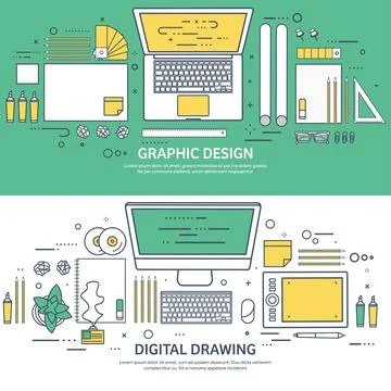 Lined, ouline flat graphic web design. Drawing and painting. Development Illustrazione stock