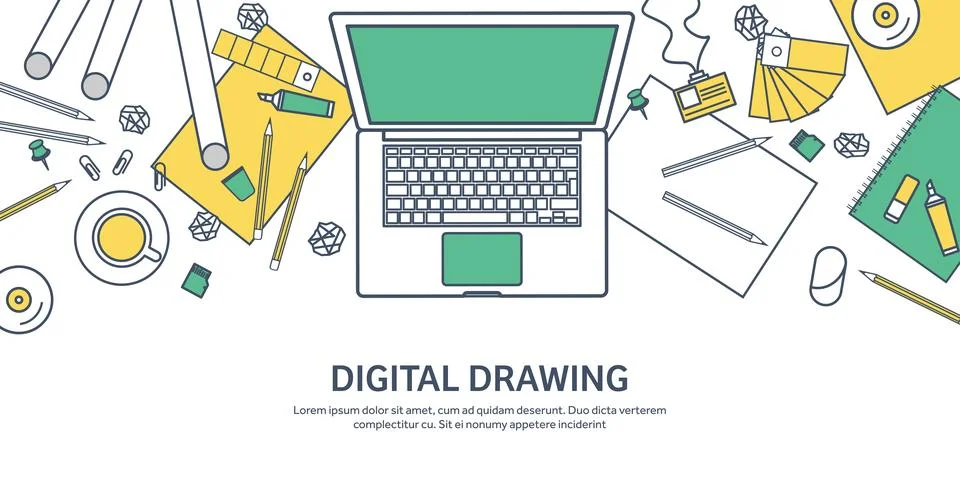 Lined, ouline flat graphic web design. Drawing and painting. Development 库存插图