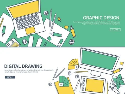Lined, ouline flat graphic web design. Drawing and painting. Development Illustrazione stock