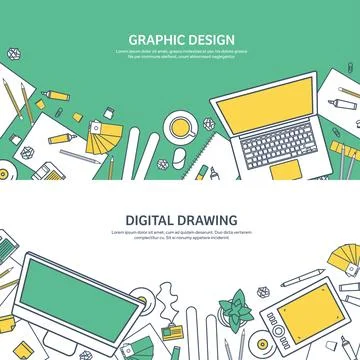 Lined, ouline flat graphic web design. Drawing and painting. Development Stock Illustration
