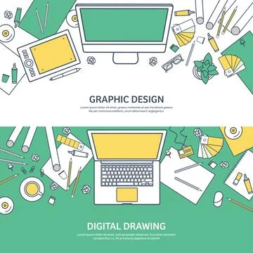 Lined, ouline flat graphic web design. Drawing and painting. Development Stock-Illustration