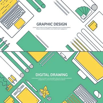 Lined, ouline flat graphic web design. Drawing and painting. Development Stock-Illustration