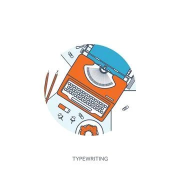 Lined, outline vector illustration. Flat typewriter and laptop with hands. Tell Stock Illustration