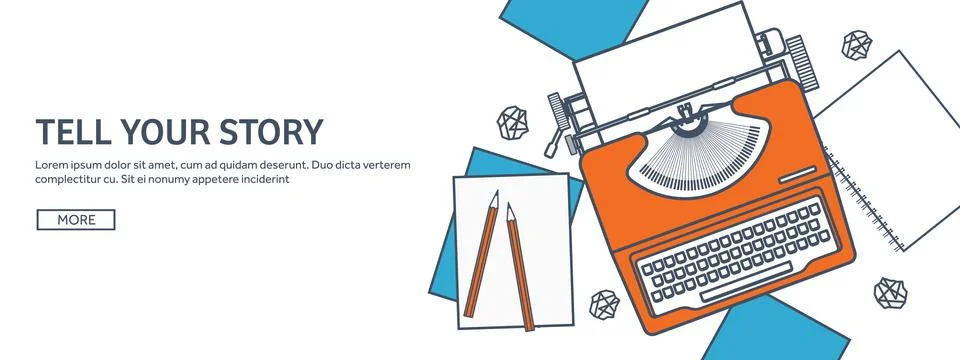 Lined, outline vector illustration. Flat typewriter and laptop with hands. Tell 스톡 일러스트