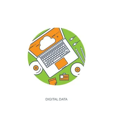 Lined, outline vector illustration. Workplace table with documents, computer 스톡 일러스트