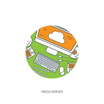 Lined, outline vector illustration. Workplace table with documents, computer 스톡 일러스트