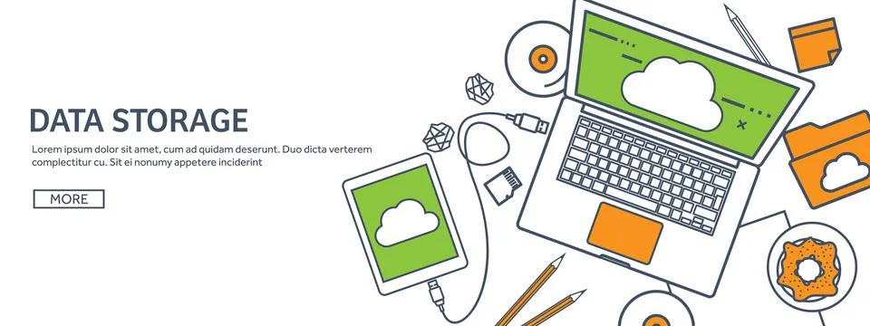 Lined, outline vector illustration. Workplace table with documents, computer Illustrazione stock