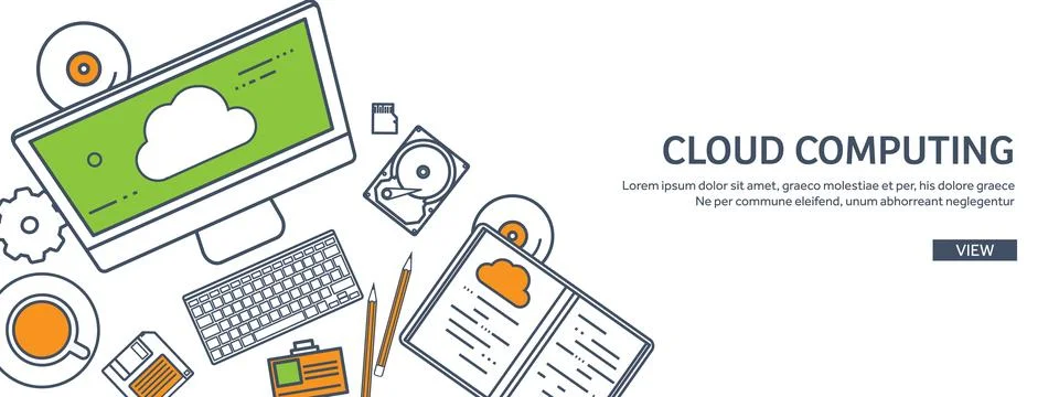 Lined, outline vector illustration. Workplace table with documents, computer 스톡 일러스트