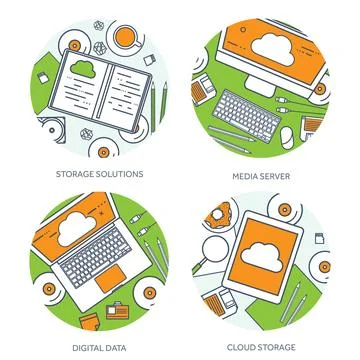 Lined, outline vector illustration. Workplace table with documents, computer Stock Illustration