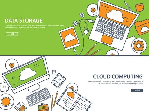 Lined, outline vector illustration. Workplace table with documents, computer Stock Illustration