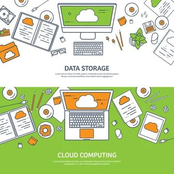 Lined, outline vector illustration. Workplace table with documents, computer 스톡 일러스트