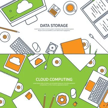 Lined, outline vector illustration. Workplace table with documents, computer Illustrazione stock