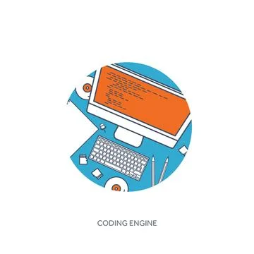Lined programming,coding and SEO. Outline computing background. Code, hardware Stock Illustration