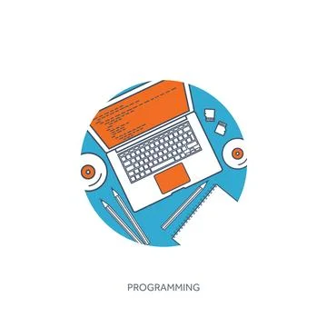 Lined programming,coding and SEO. Outline computing background. Code, hardware Stock Illustration