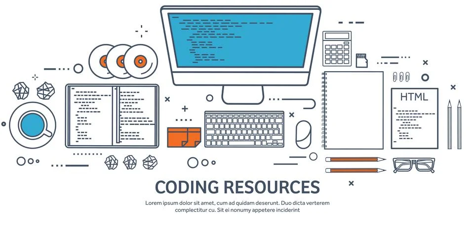 Lined programming,coding and SEO. Outline computing background. Code, hardware Stock Illustration