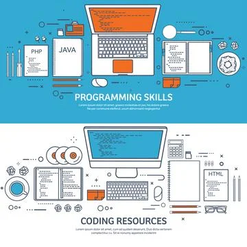 Lined programming,coding and SEO. Outline computing background. Code, hardware Stock Illustration