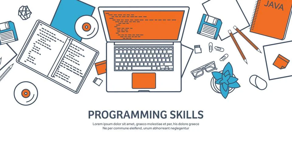 Lined programming,coding and SEO. Outline computing background. Code, hardware Stock Illustration