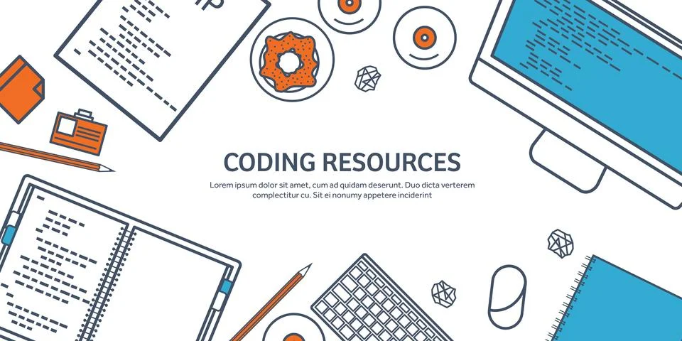 Lined programming,coding and SEO. Outline computing background. Code, hardware Stock Illustration