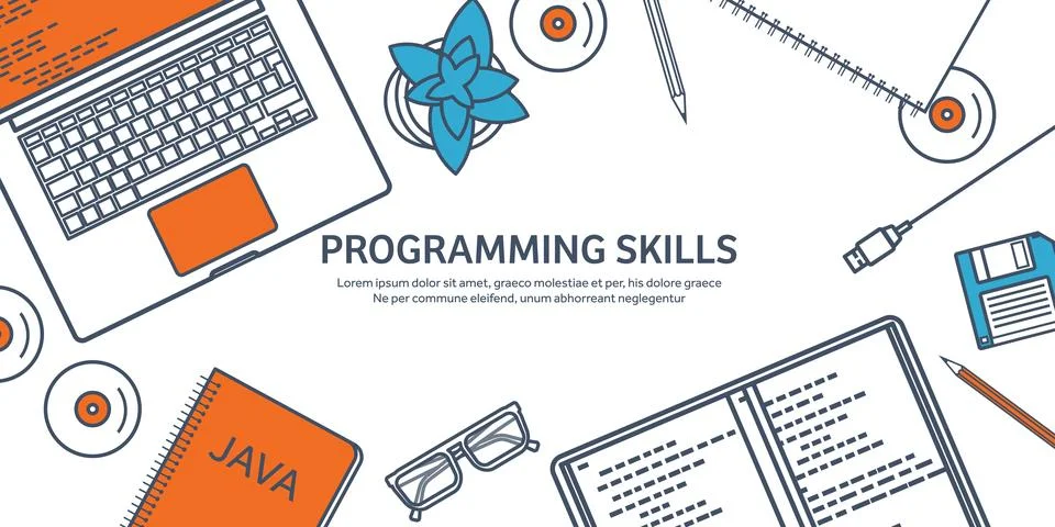 Lined programming,coding and SEO. Outline computing background. Code, hardware Stock Illustration