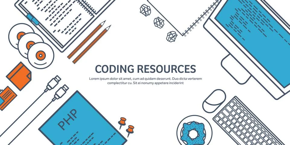 Lined programming,coding and SEO. Outline computing background. Code, hardware Stockillustratie