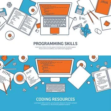 Lined programming,coding and SEO. Outline computing background. Code, hardware Stockillustratie