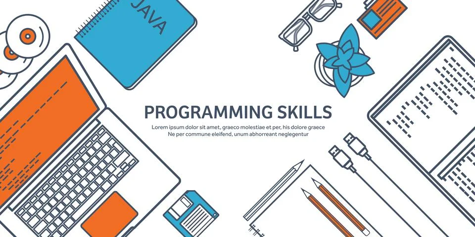 Lined programming,coding and SEO. Outline computing background. Code, hardware Stock Illustration