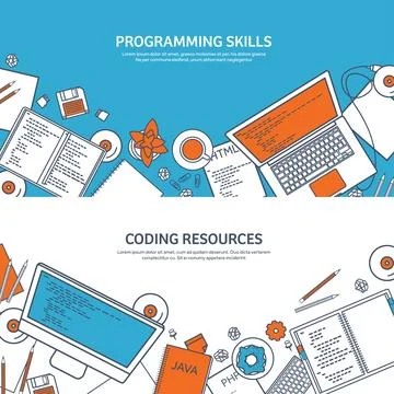 Lined programming,coding and SEO. Outline computing background. Code, hardware Stock Illustration
